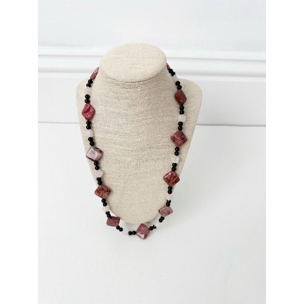 NWT Genuine Rose Quartz, Black Onyx & Crazy Lace Agate Necklace Beaded Pink